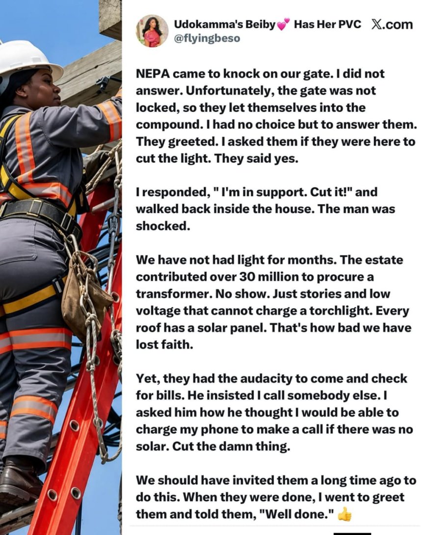“NEPA Came to Cut Our Light… I Told Them ‘Cut It!’” — Lady’s Response Sparks Reactions