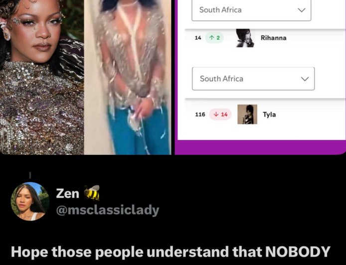 South African artist Tyla fell 14 spots to #116 on the Spotify South Africa chart, while Barbadian superstar rises to #14 on the chart despite being cancelled by the country's people.