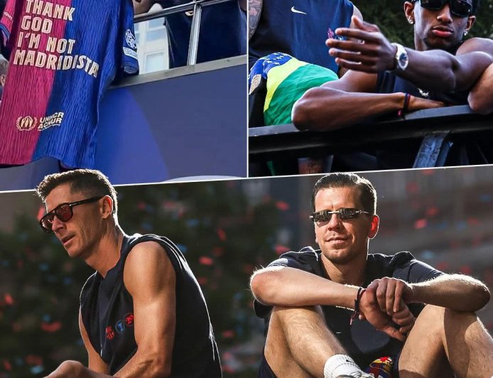 Lamine Yamal with a cheeky message during Barcelona's title parade