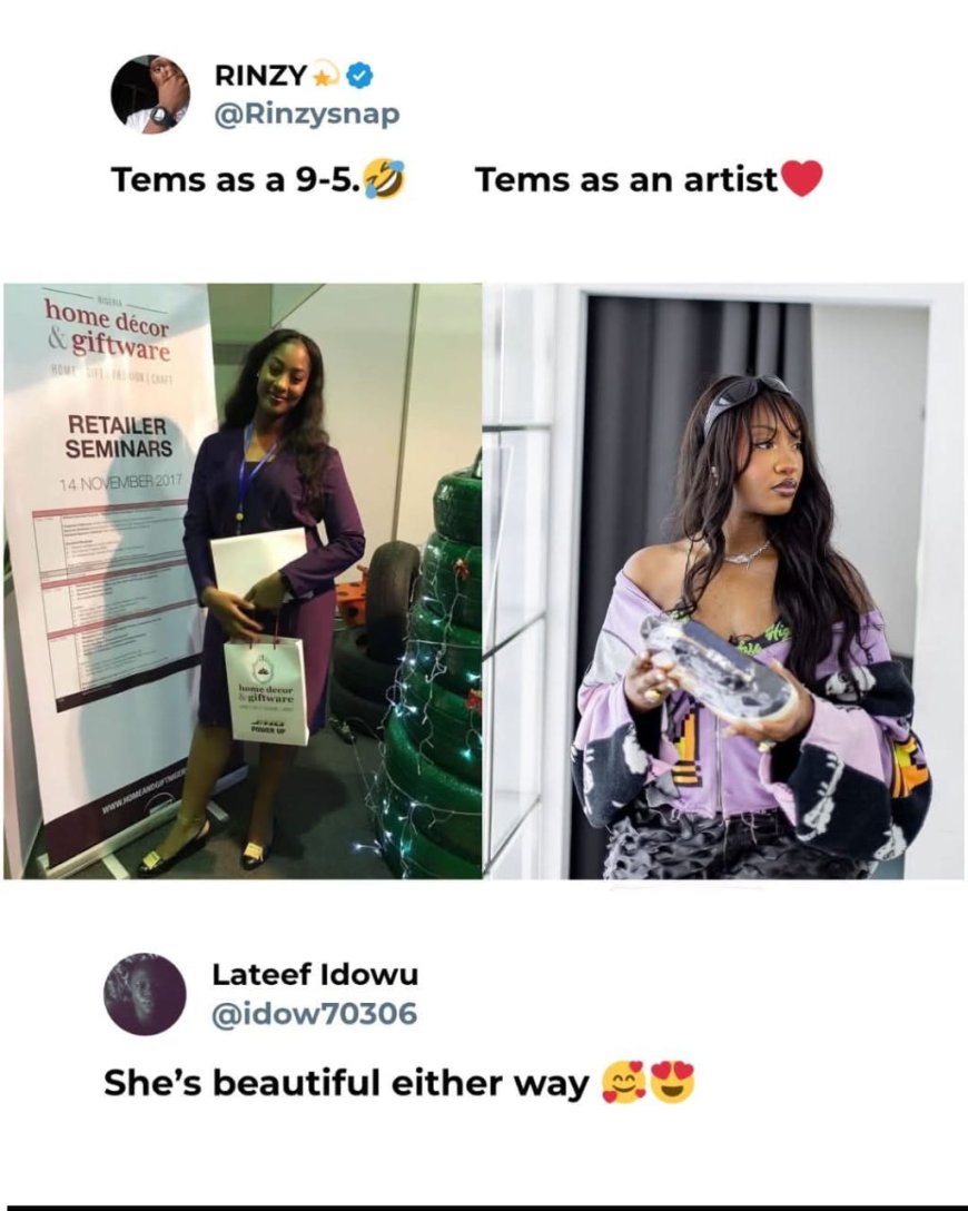 Internet user shares throwback photo of Tems as a 9–5 worker alongside her recent photo as an artist.