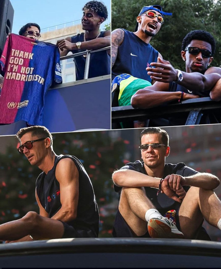 Lamine Yamal with a cheeky message during Barcelona's title parade