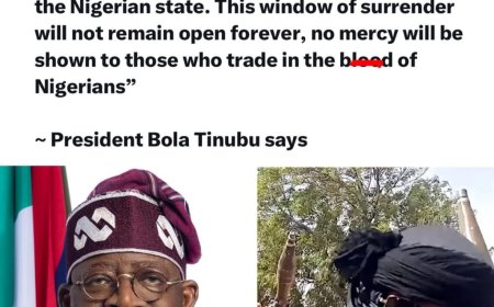 “To bandits, kidnappers, and sponsors of terror, Surrender now or face the full force of the Nigerian state. This window of surrender will not remain open forever, no mercy will be shown to those who trade in the blood of Nigerians”   — President Bola Tinubu says