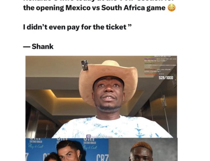"I'm going to be sitting next to Cristiano Ronaldo's wife today at the VVIP section for the opening Mexico vs South Africa game  I didn't even pay for the ticket " - Shan