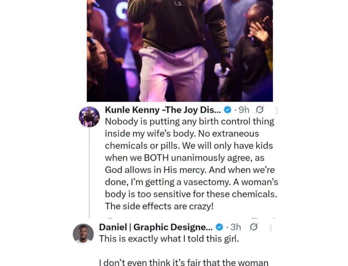 "...Nobody is putting birth control inside my wife’s body"   -- singer Kunle Kenny