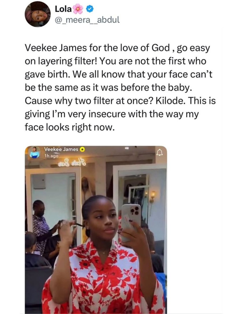 Celebrity designer Veekee James reacts after criticism for using two filters at once