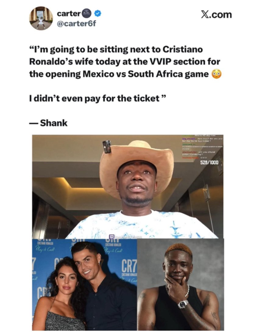 "I'm going to be sitting next to Cristiano Ronaldo's wife today at the VVIP section for the opening Mexico vs South Africa game  I didn't even pay for the ticket " - Shan