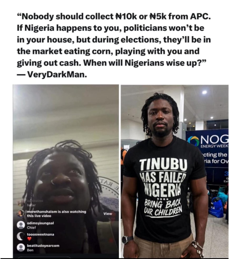 "We're going to Karu bridge today to preach the word, nobody should collect 10k or 5k from APC, is it that Nigerians don't have sense? If Nigeria happens to you, you won't see politicians in your house, but during elections, you'll see them at the market, eating corn, playing with you and dashing you 5k. When will you wise up?