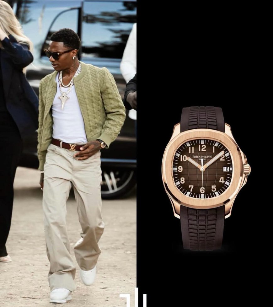 Wizkid wore a Patek Philippe Aquanaut Ref. 5167R in rose gold to the Louis Vuitton fashion show,one of the most versatile luxury sports watches on the market.($90,000) over ₦123Million Naira