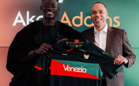 Akor Adams wore an agbada for his official unveiling as a Venezia player