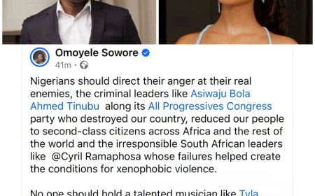 "...Artistes are not responsible for the failures of politicians except where there is ample evidence they’re enablers"  -- Omoyele Sowore says