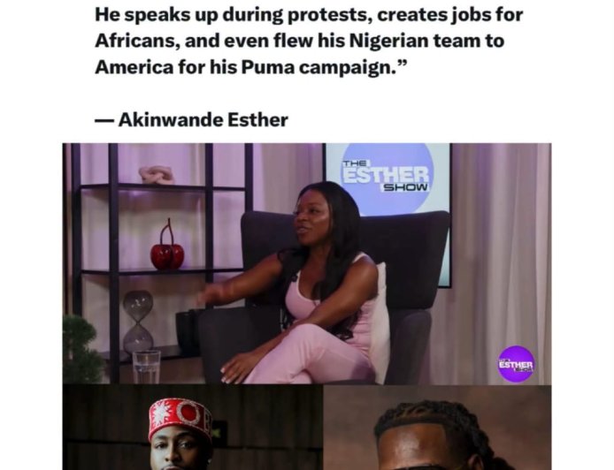 "Davido deserves the title 'Giant of Africa.' He speaks up during protests, creates jobs for Africans, and even flew his Nigerian team to America for his Puma campaign