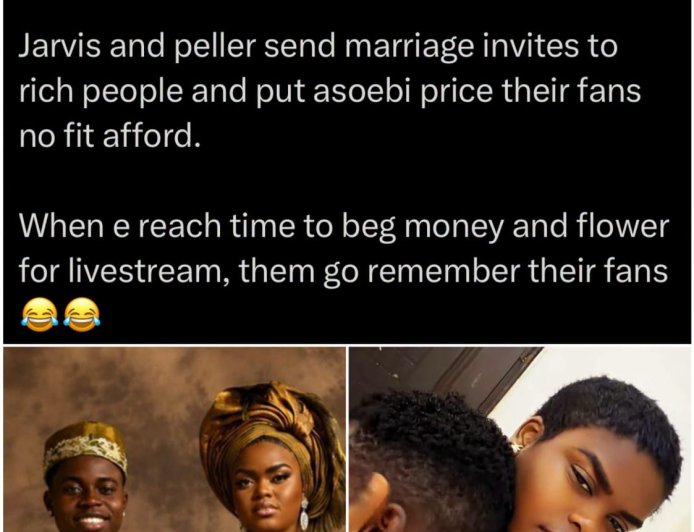 Internet user not happy about Peller & Jarvis’s wedding Asoebi   Going by this Logic, every popular person who has fans must have Asoebi that their fans can afford
