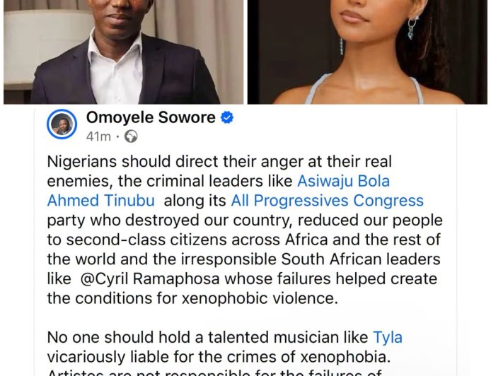 "...Artistes are not responsible for the failures of politicians except where there is ample evidence they’re enablers"  -- Omoyele Sowore says
