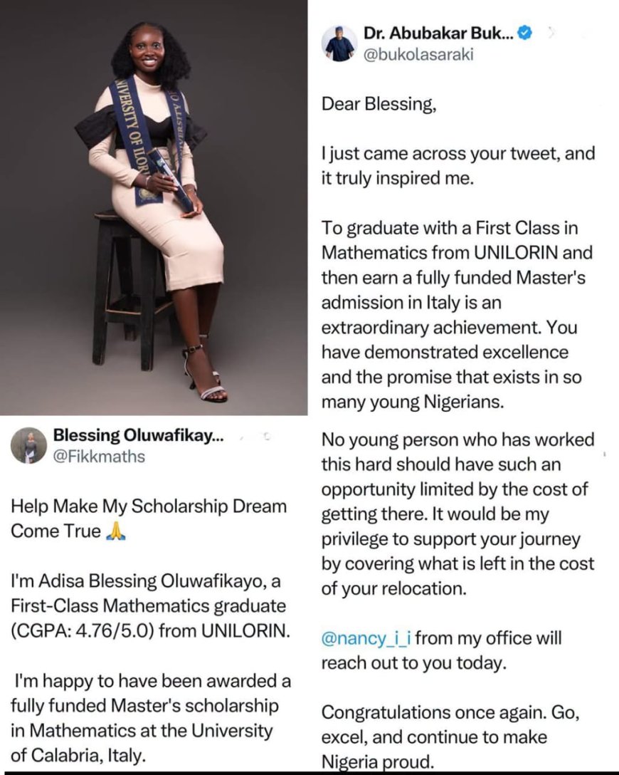 Bukola Saraki promises to support a first class student of Mathematics with her master's abroad
