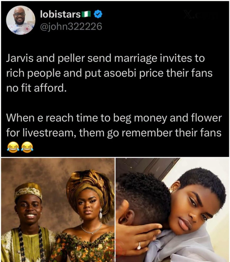 Internet user not happy about Peller & Jarvis’s wedding Asoebi   Going by this Logic, every popular person who has fans must have Asoebi that their fans can afford