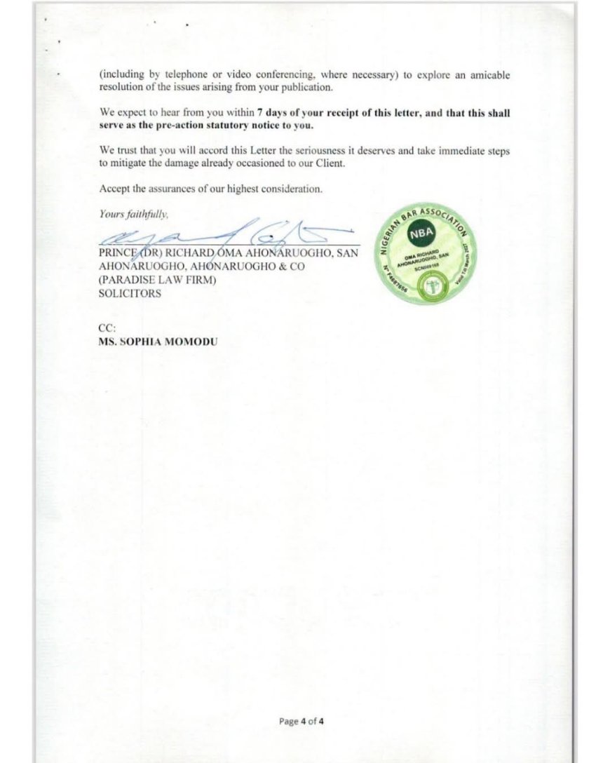 Caroline Hutchings, Popularly Known as Caroline Danjuma, Receives Notice of Intended Legal Proceedings from Sophia Momodu, Faces Demand for Retraction, Public Apology and ₦10 Billion in Damages.