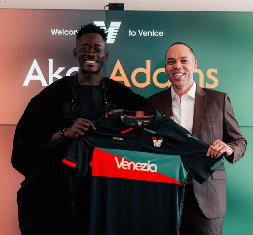 Akor Adams wore an agbada for his official unveiling as a Venezia player