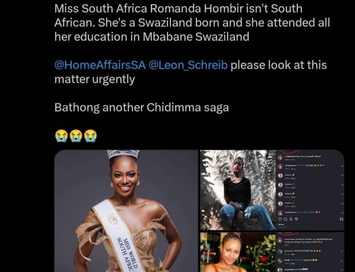 Some South Africans have called for an investigation into the citizenship of Miss World South Africa, Romanda Hombir, amid claims that she was born and raised outside the country
