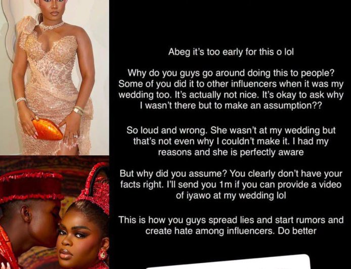Influencer Simisanya slams a follower who accused her of snubbing Jarvis' wedding and falsely claimed Jarvis attended hers