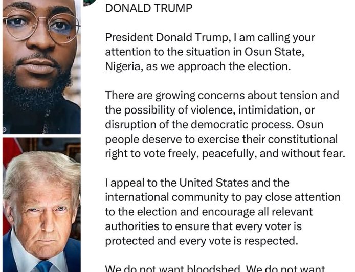 Davido Writes Donald Trump Over Osun Governorship Election