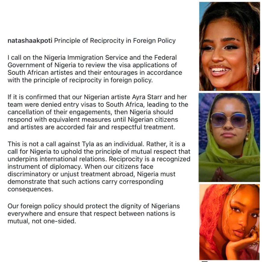Senator Natasha Akpoti-Uduaghan calls on Nigeria Immigation Service to review visa application of South African artistes