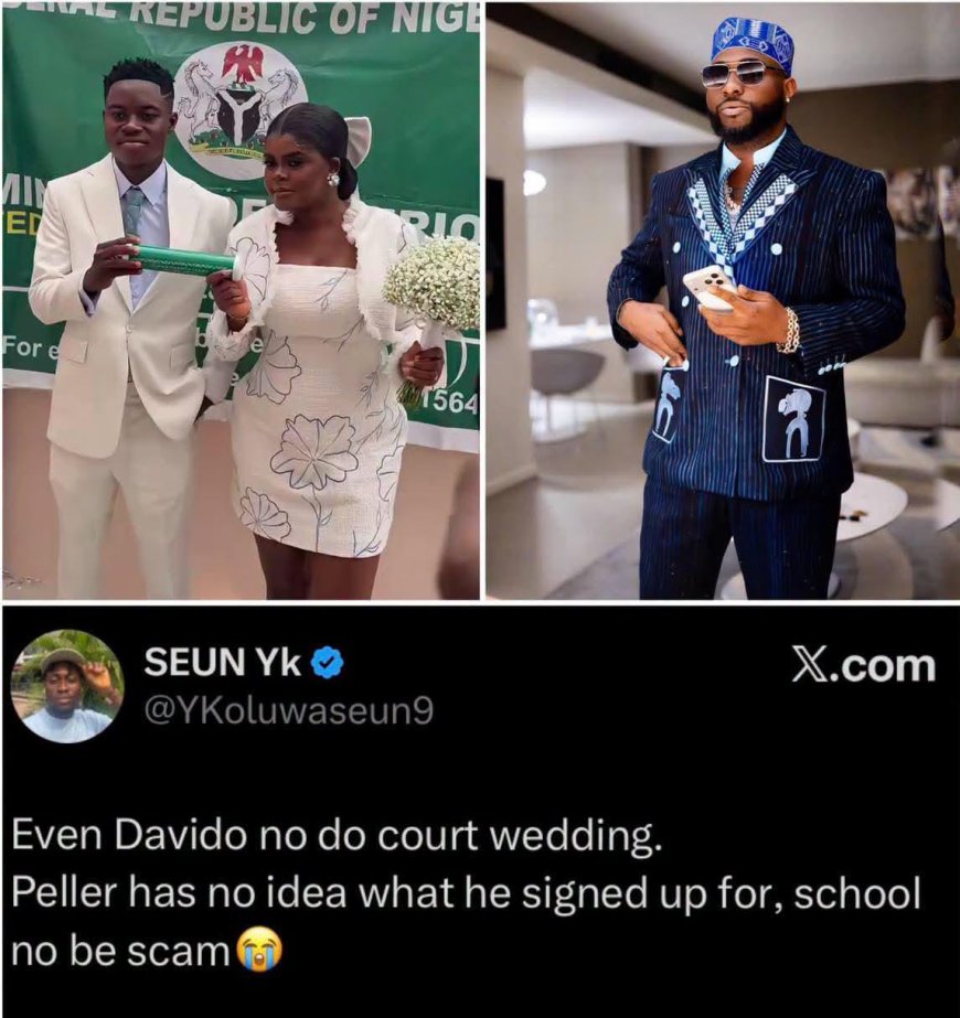 An influencer has reacted to popular streamer Peller's court wedding, saying :  “Even Davido no do court wedding. Peller no know wetin he sign up for. School no be scam"