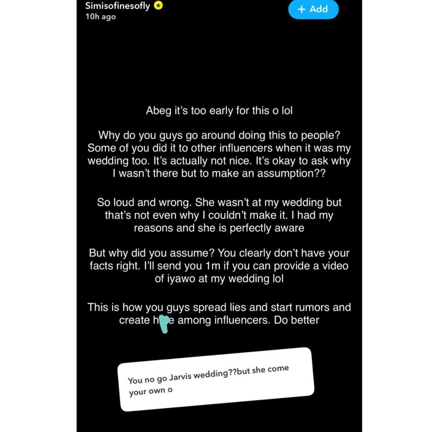 Socialite Simi Dapson reacts after being accused of snubbing the all-important Peller and jarvis wedding