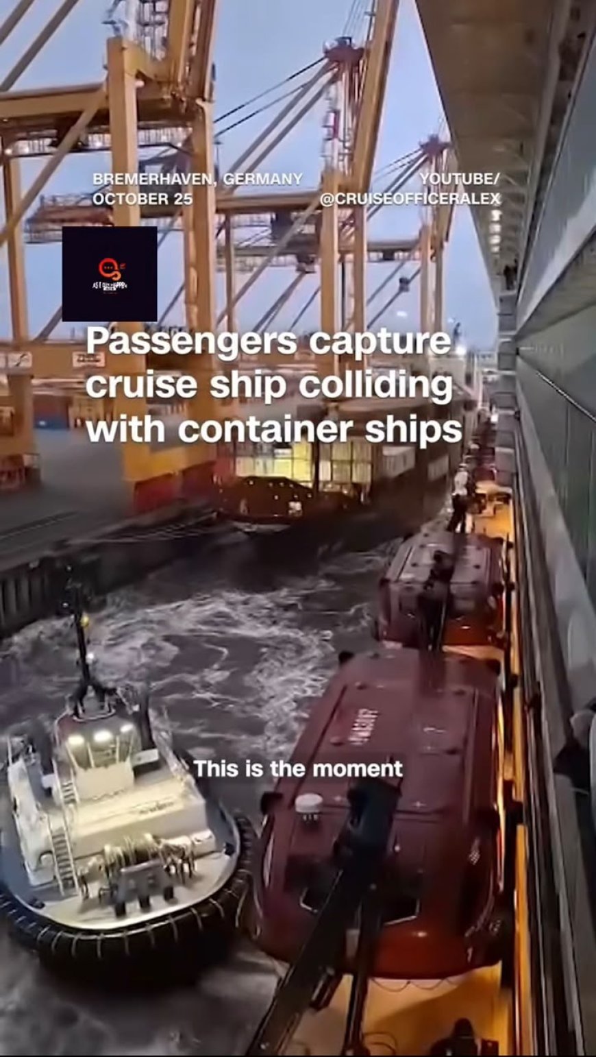 CRUISE SHIP COLLIDES WITH TWO CONTAINER SHIPS DURING STORMY DEPARTURE